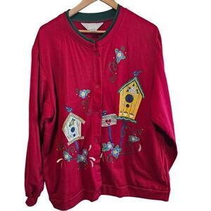 Vintage Birdhouse Cardigan Womens Size XL Red Embroidered Birds Flowers Granny